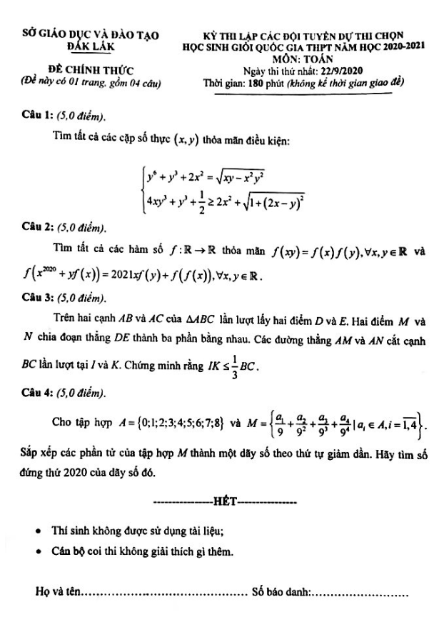 Đề thi lập đội tuyển HSG Toán THPT năm 2020 2021 sở GD&ĐT Đắk Lắk (ngày 1)