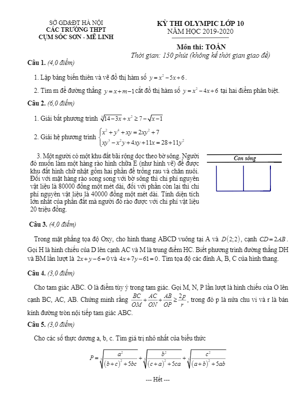 Đề thi Olympic Toán 10 năm học 2019 2020 cụm Sóc Sơn Mê Linh Hà Nội