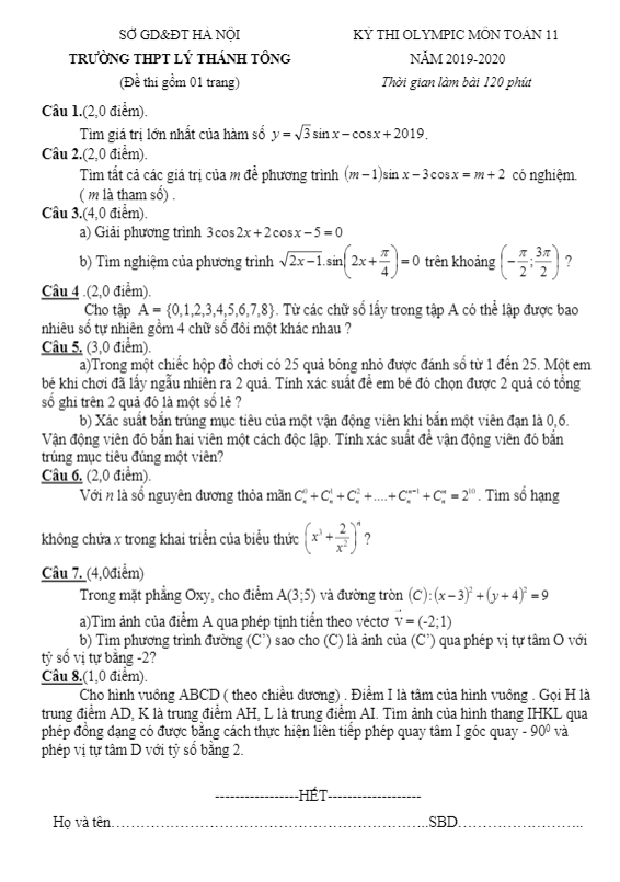 Đề thi Olympic Toán 11 năm 2019 2020 trường Lý Thánh Tông Hà Nội