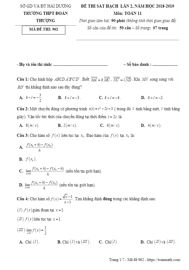 Đề thi sát hạch lần 2 Toán 11 năm 2018 2019 trường Đoàn Thượng Hải Dương