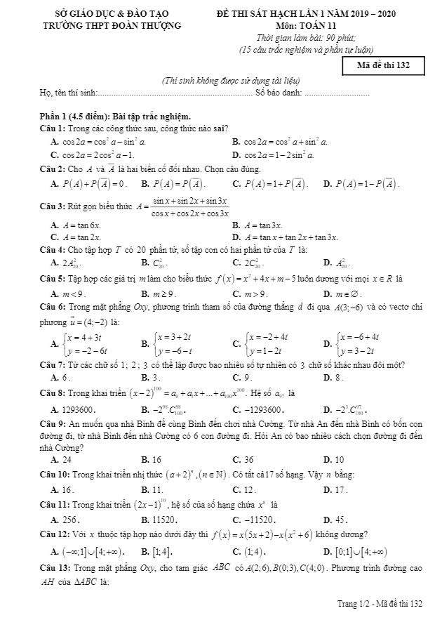 Đề thi sát hạch Toán 11 lần 1 năm 2019 2020 trường Đoàn Thượng Hải Dương