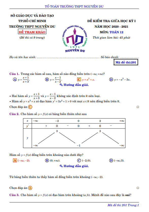 Đề thi tham khảo giữa HKI Toán 12 năm 2020 2021 trường THPT Nguyễn Du TP HCM