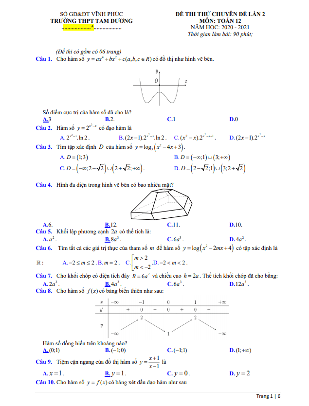 Đề thi thử chuyên đề Toán 12 lần 2 năm 2020 2021 trường THPT Tam Dương Vĩnh Phúc