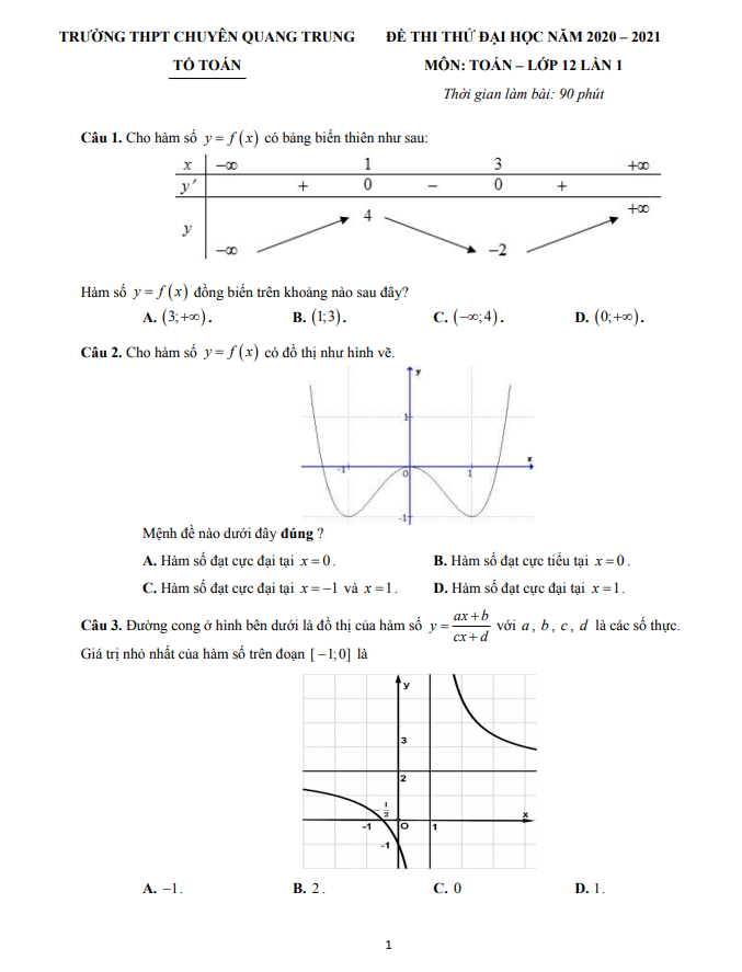 Đề thi thử Đại học 2021 môn Toán lần 1 trường chuyên Quang Trung Bình Phước