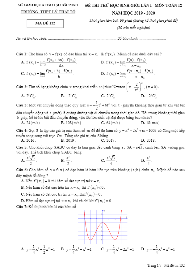 Đề thi thử HSG lần 1 Toán 12 năm 2019 2020 trường Lý Thái Tổ Bắc Ninh