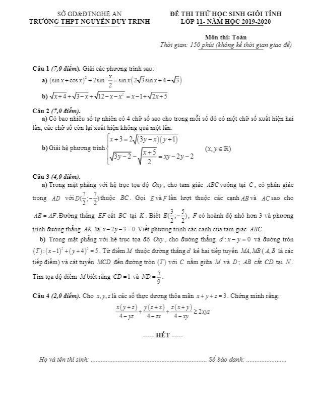 Đề thi thử HSG tỉnh Toán 11 năm 2019 2020 trường Nguyễn Duy Trinh Nghệ An