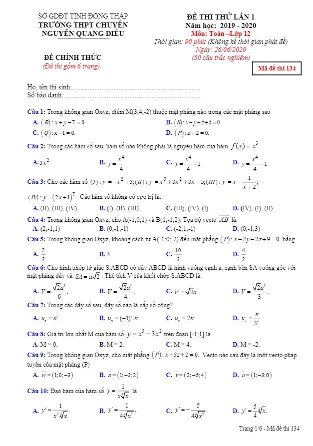 Đề thi thử THPT 2020 môn Toán lần 1 trường chuyên Nguyễn Quang Diêu Đồng Tháp
