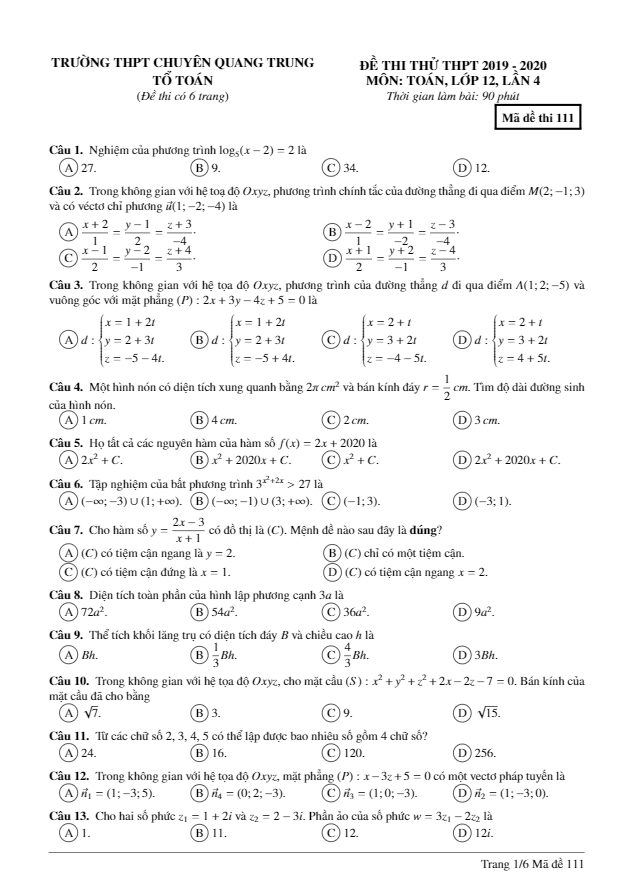 Đề thi thử THPT 2020 môn Toán lần 4 trường chuyên Quang Trung Bình Phước