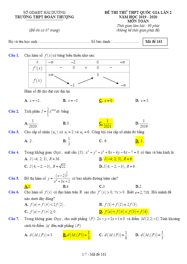 Đề thi thử THPT QG 2020 môn Toán lần 2 trường THPT Đoàn Thượng Hải Dương