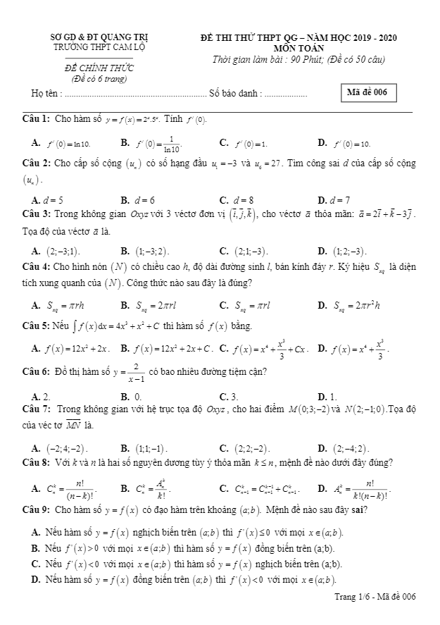 Đề thi thử THPT QG 2020 môn Toán trường THPT Cam Lộ Quảng Trị