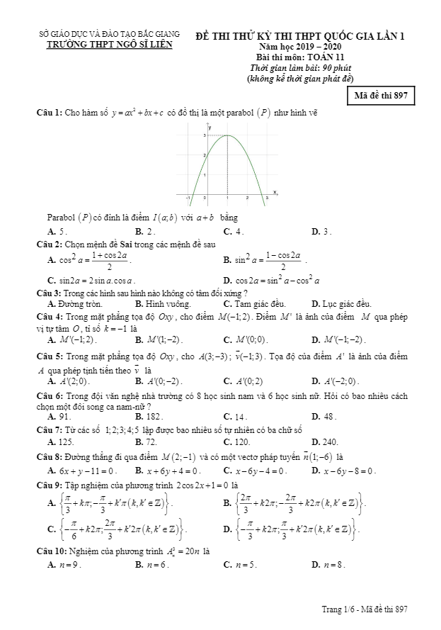 Đề thi thử THPTQG 2019 2020 Toán 11 lần 1 trường Ngô Sĩ Liên Bắc Giang