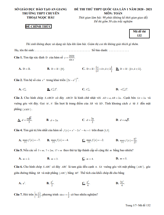Đề thi thử THPTQG 2021 môn Toán lần 1 trường chuyên Thoại Ngọc Hầu An Giang