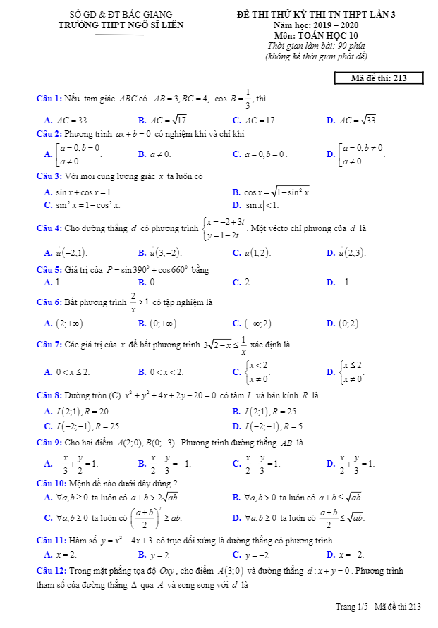 Đề thi thử TN THPT 2020 lần 3 môn Toán 10 trường THPT Ngô Sĩ Liên Bắc Giang