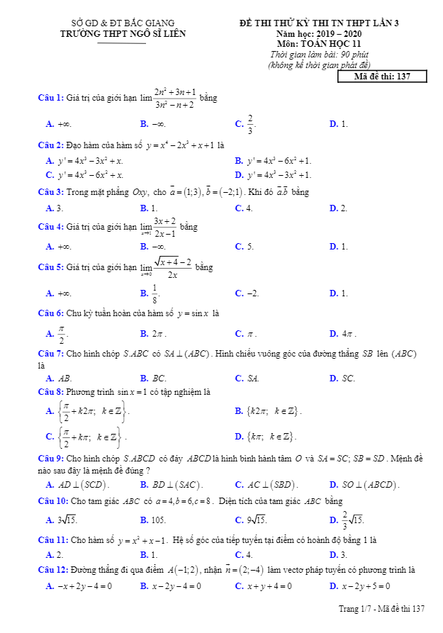 Đề thi thử TN THPT 2020 lần 3 môn Toán 11 trường THPT Ngô Sĩ Liên Bắc Giang