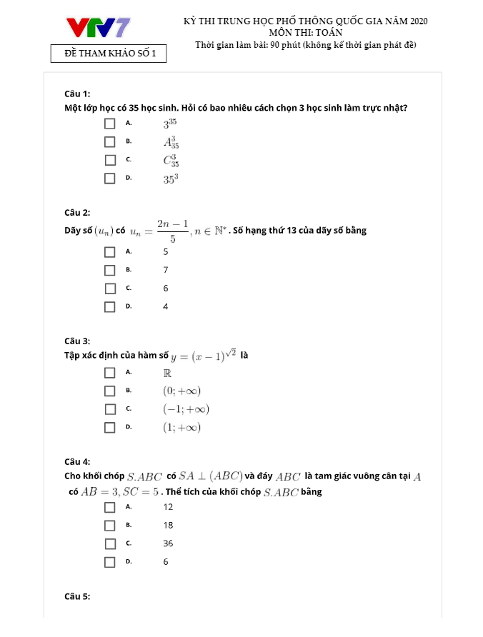 Đề thi thử TN THPT 2020 môn Toán kênh truyền hình Giáo dục Quốc gia VTV7 (Đề 1)