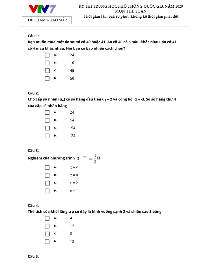 Đề thi thử TN THPT 2020 môn Toán kênh truyền hình Giáo dục Quốc gia VTV7 (Đề 2)