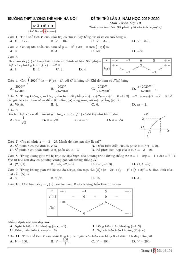 Đề thi thử TN THPT 2020 môn Toán lần 3 trường Lương Thế Vinh Hà Nội