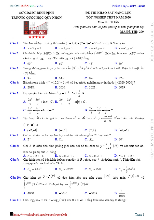 Đề thi thử TN THPT 2020 môn Toán trường Quốc học Quy Nhơn Bình Định