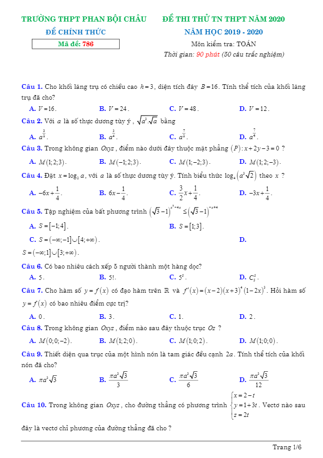 Đề thi thử TN THPT 2020 môn Toán trường THPT Phan Bội Châu Khánh Hòa