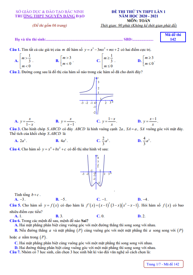 Đề thi thử TN THPT 2021 môn Toán lần 1 trường Nguyễn Đăng Đạo Bắc Ninh