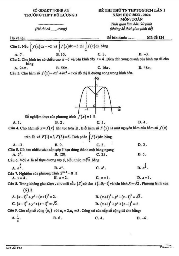Đề thi thử TN THPT 2024 lần 1 môn Toán trường THPT Đô Lương 1 Nghệ An