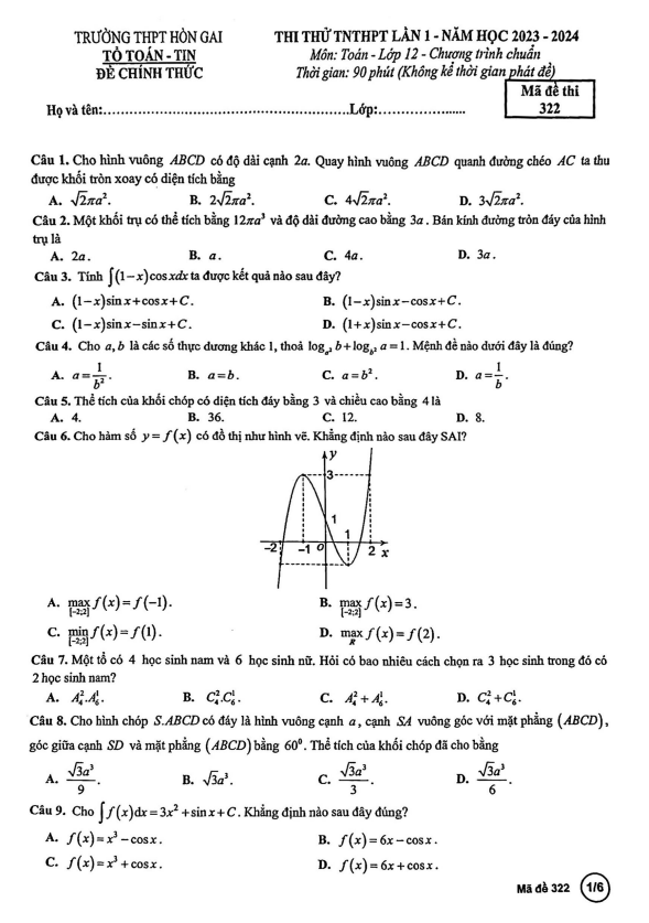 Đề thi thử TN THPT 2024 lần 1 môn Toán trường THPT Hòn Gai Quảng Ninh