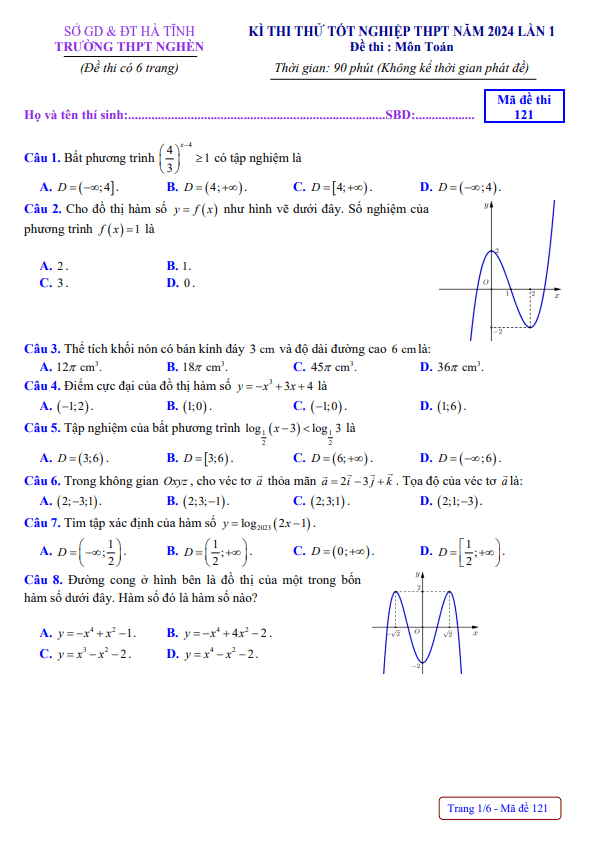 Đề thi thử TN THPT 2024 môn Toán lần 1 trường THPT Nghèn Hà Tĩnh