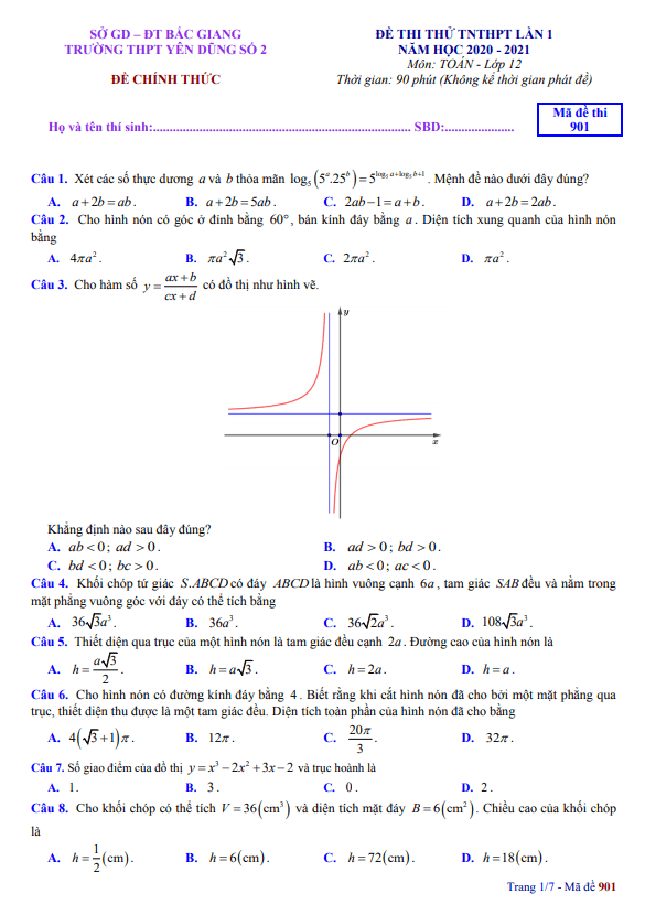 Đề thi thử TNTHPT 2021 môn Toán lần 1 trường THPT Yên Dũng 2 Bắc Giang