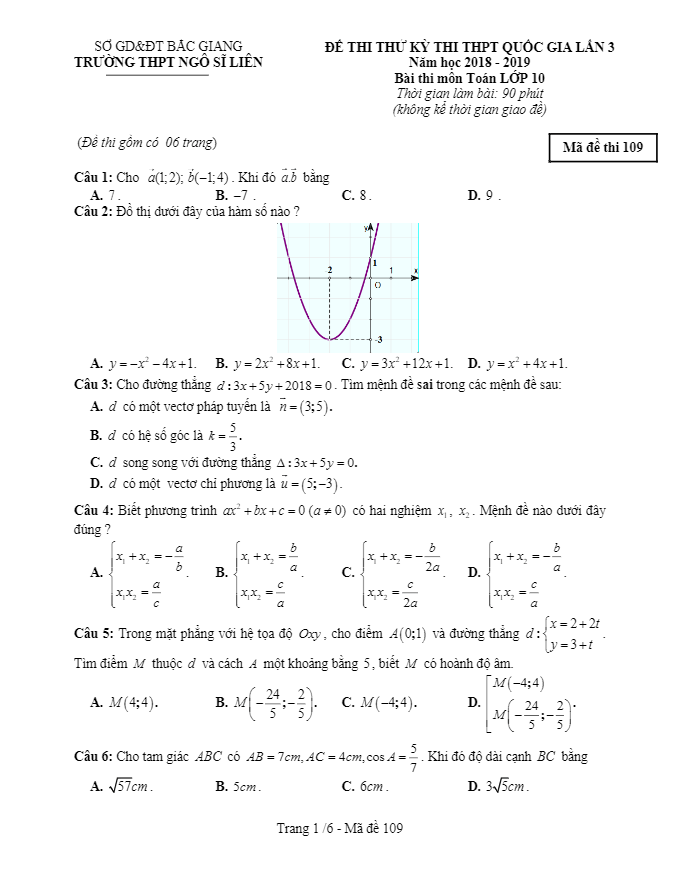 Đề thi thử Toán 10 THPTQG 2019 lần 3 trường Ngô Sĩ Liên Bắc Giang