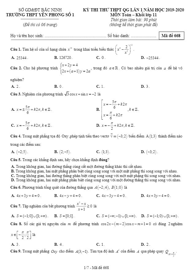 Đề thi thử Toán 11 THPT QG 2019 2020 lần 1 trường Yên Phong 1 Bắc Ninh