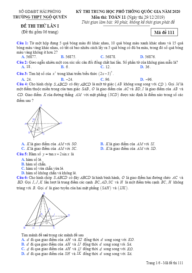 Đề thi thử Toán 11 THPT Quốc gia 2020 lần 1 trường Ngô Quyền – Hải Phòng