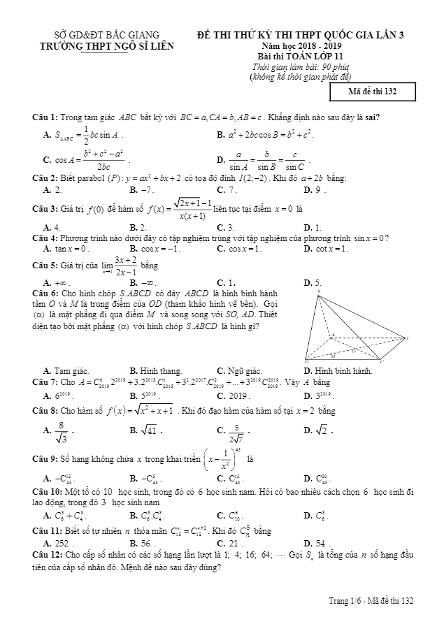 Đề thi thử Toán 11 THPTQG 2019 lần 3 trường Ngô Sĩ Liên Bắc Giang