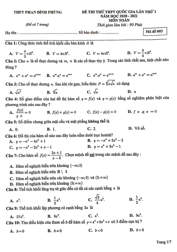 Đề thi thử Toán THPT Quốc gia 2021 lần 1 trường THPT Phan Đình Phùng Hà Nội