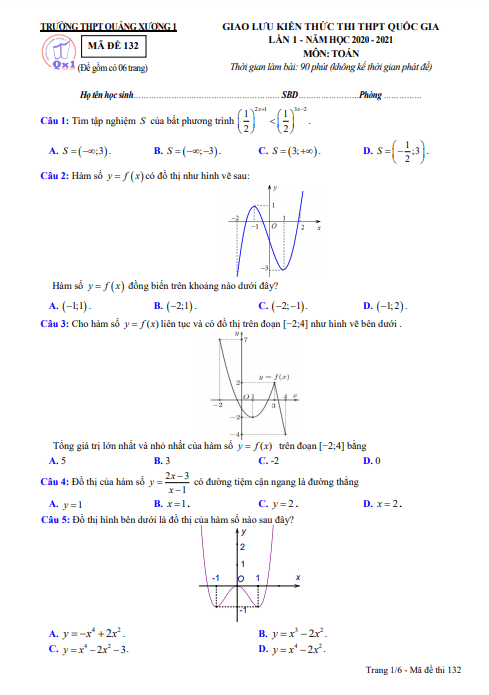 Đề thi thử Toán THPT Quốc gia 2021 lần 1 trường THPT Quảng Xương 1 Thanh Hóa