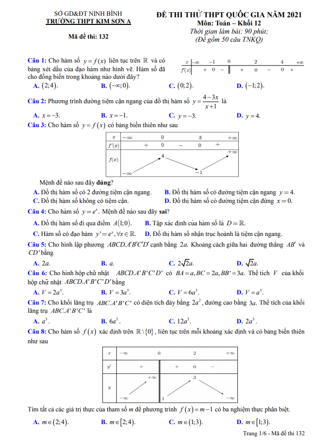 Đề thi thử Toán THPT Quốc gia 2021 trường THPT Kim Sơn A Ninh Bình