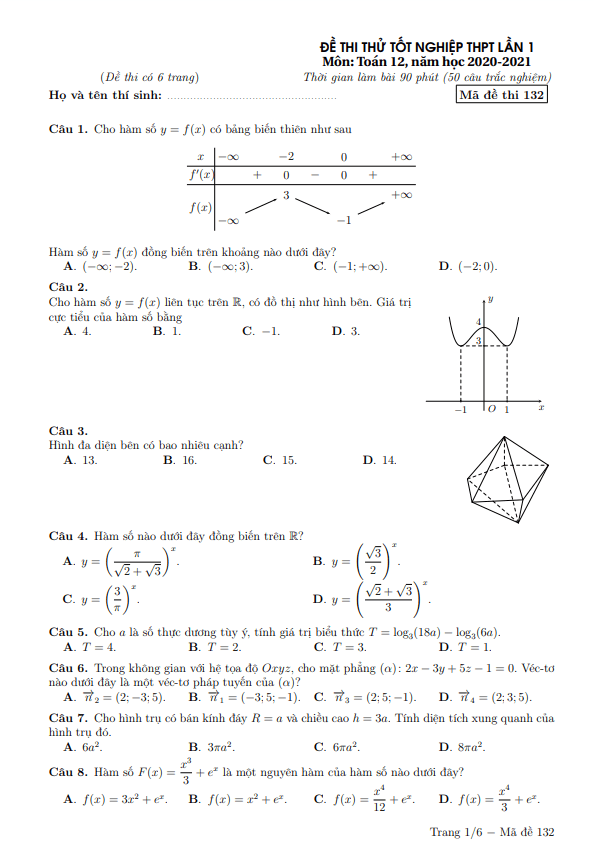 Đề thi thử Toán TN THPT 2021 lần 1 trường Nguyễn Thị Minh Khai Hà Nội