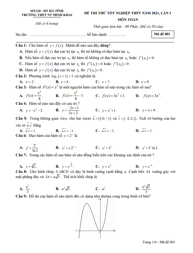Đề thi thử Toán TN THPT 2021 lần 1 trường Nguyễn Thị Minh Khai Hà Tĩnh