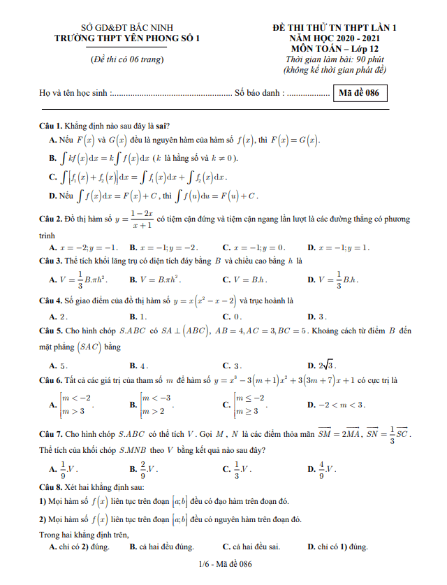 Đề thi thử Toán TN THPT 2021 lần 1 trường THPT Yên Phong 1 Bắc Ninh