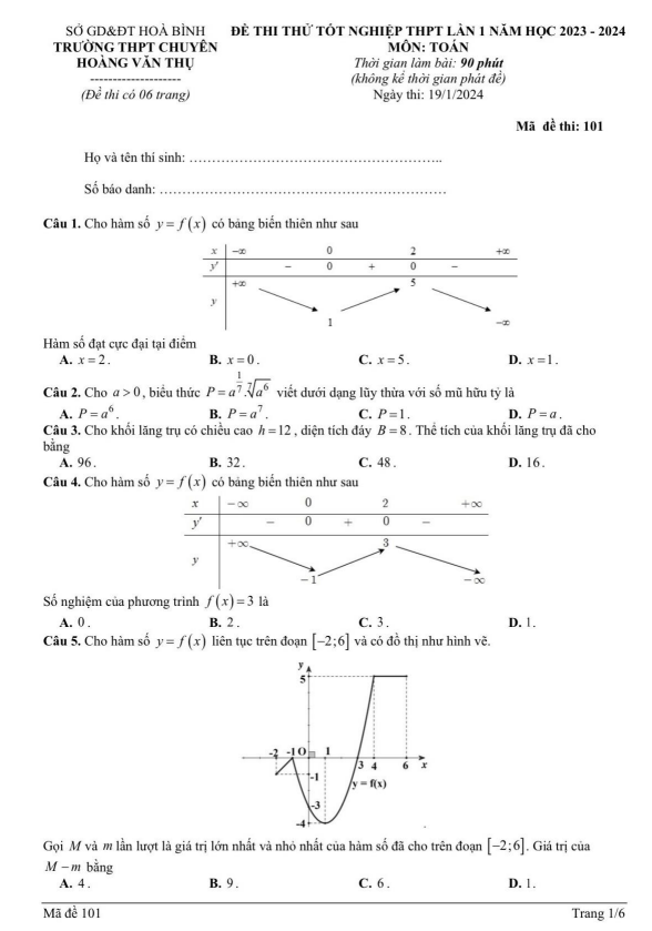 Đề thi thử Toán TN THPT 2024 lần 1 trường chuyên Hoàng Văn Thụ Hòa Bình