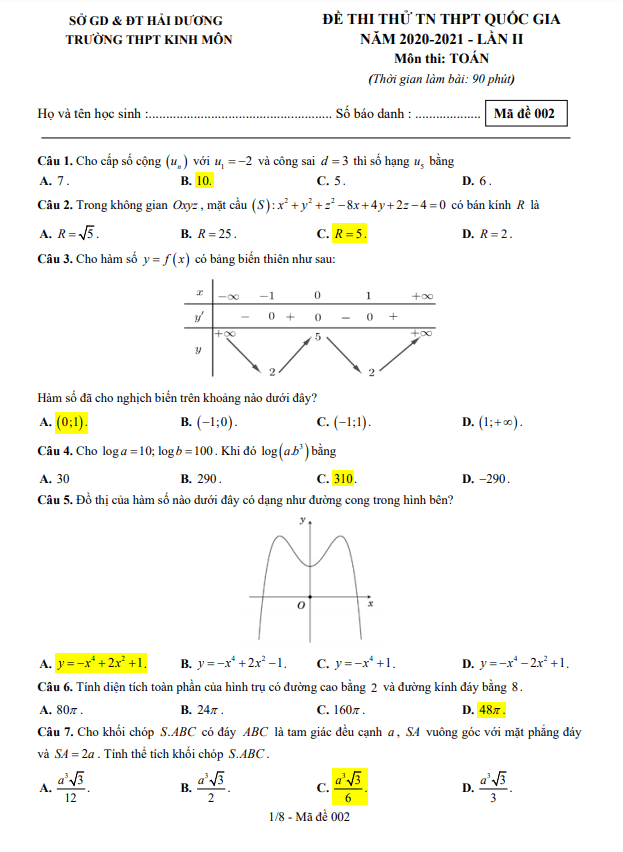 Đề thi thử Toán TN THPTQG 2021 lần 2 trường THPT Kinh Môn Hải Dương