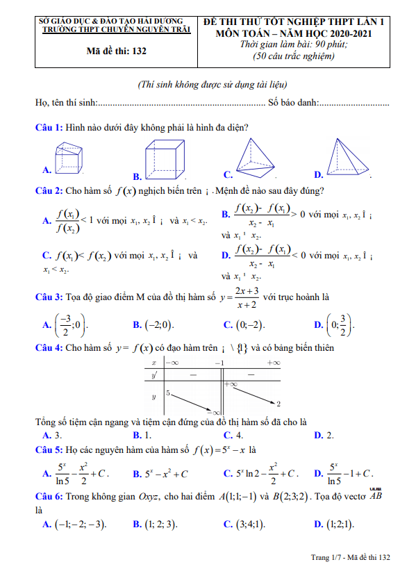 Đề thi thử Toán tốt nghiệp THPT 2021 lần 1 trường chuyên Nguyễn Trãi Hải Dương