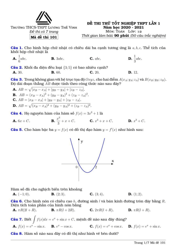 Đề thi thử Toán tốt nghiệp THPT 2021 lần 1 trường Lương Thế Vinh Hà Nội