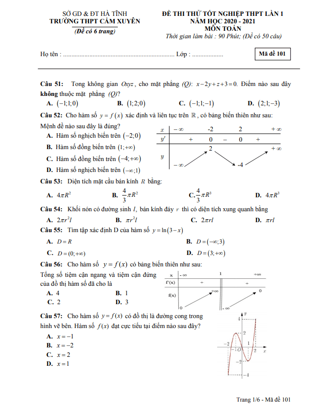 Đề thi thử Toán tốt nghiệp THPT 2021 lần 1 trường THPT Cẩm Xuyên Hà Tĩnh