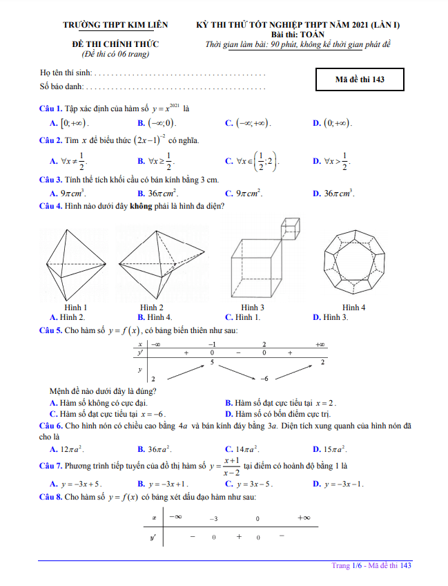 Đề thi thử Toán tốt nghiệp THPT 2021 lần 1 trường THPT Kim Liên Hà Nội