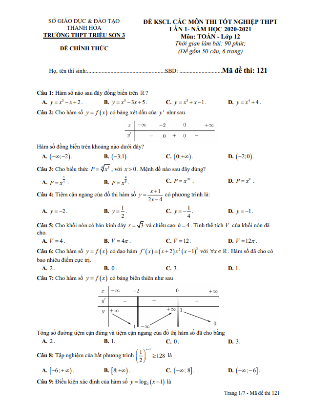 Đề thi thử Toán tốt nghiệp THPT 2021 lần 1 trường Triệu Sơn 3 Thanh Hóa
