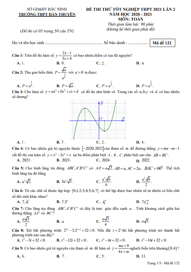 Đề thi thử Toán tốt nghiệp THPT 2021 lần 2 trường Hàn Thuyên Bắc Ninh