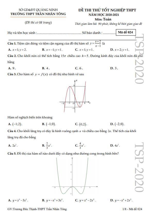 Đề thi thử Toán tốt nghiệp THPT 2021 trường Trần Nhân Tông Quảng Ninh