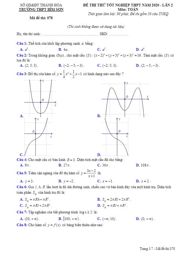 Đề thi thử tốt nghiệp THPT 2020 lần 2 môn Toán trường THPT Bỉm Sơn Thanh Hóa