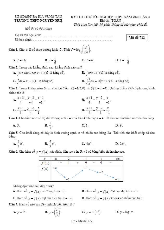 Đề thi thử tốt nghiệp THPT 2020 lần 2 môn Toán trường THPT Nguyễn Huệ BR VT