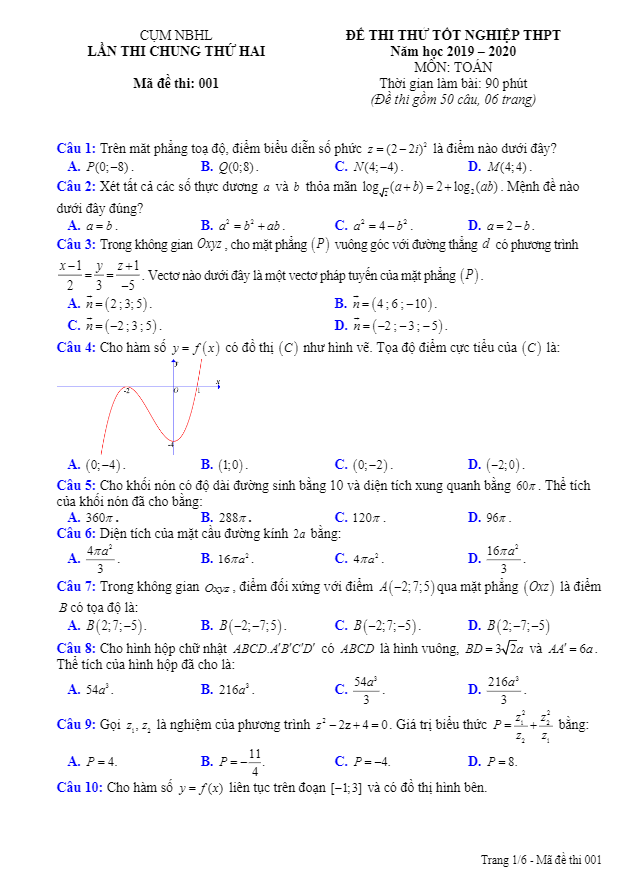 Đề thi thử tốt nghiệp THPT 2020 môn Toán lần 2 cụm NBHL Ninh Bình